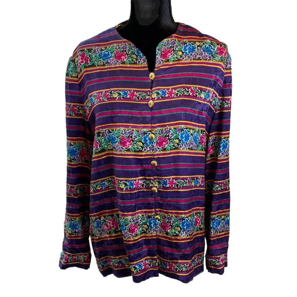 Adrianna Papell 12 Silk Hook‎ & Eye Button Colorful Floral Shirt Granny Boho VTG - Picture 1 of 10